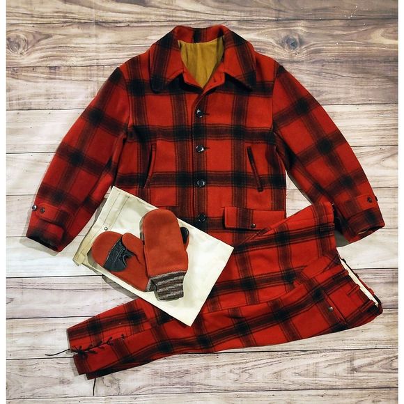 Vintage 50s 60s Heavy Wool Hunting Jacket Breeches Pants Gloves Set Tartan 40s